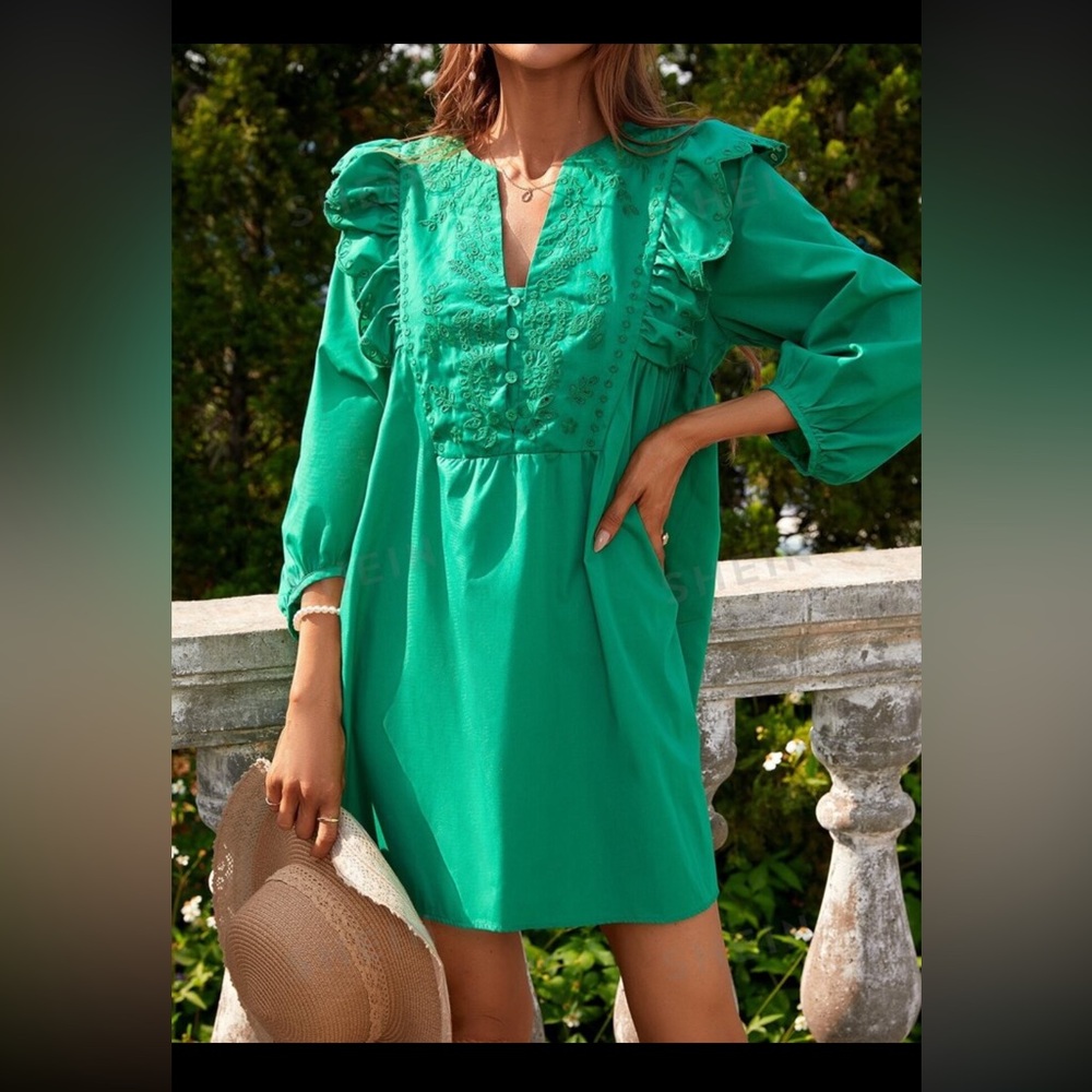 French Inspired Eyelet Embroidery Ruffle Bishop Sleeve Mini Dress Green Small